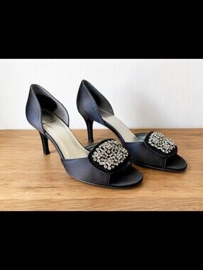 Stuart Weitzman Black Satin Open-Toe Heels with Crystal Medallions